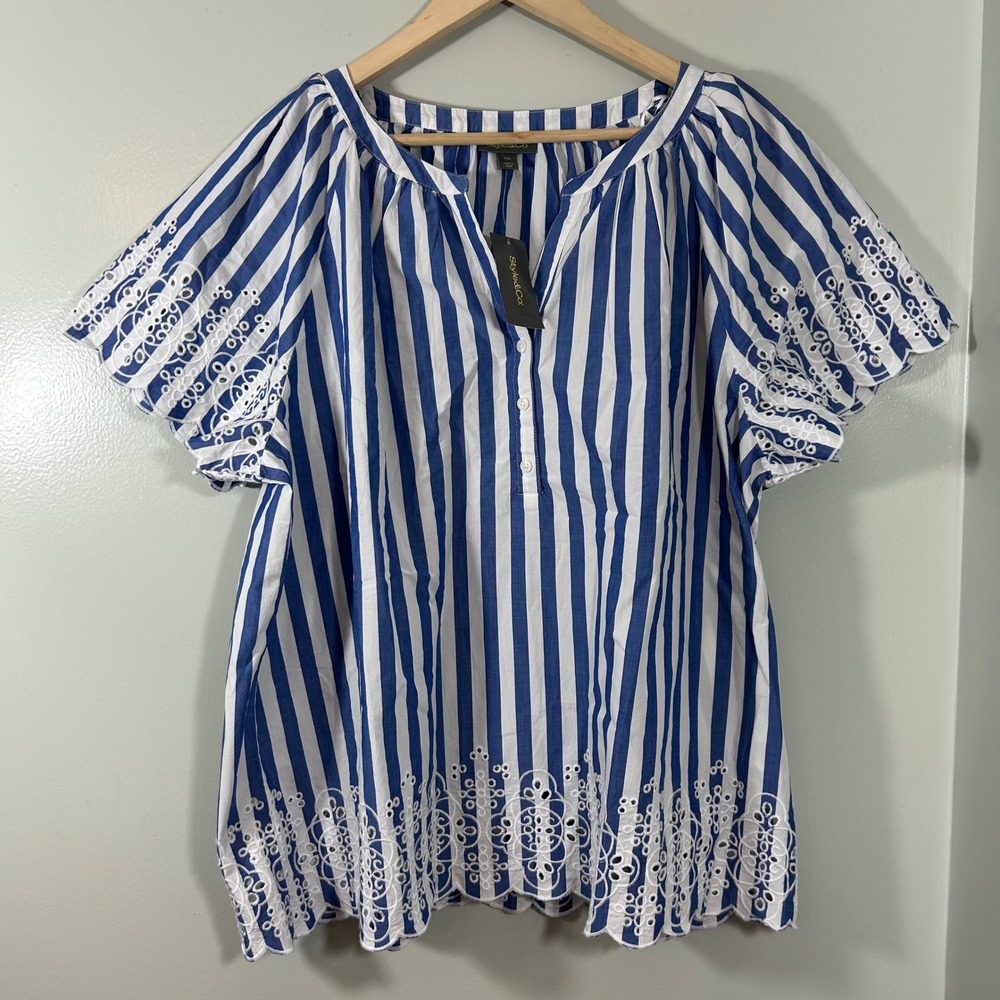 Style & Co Blue White Striped Eyelet Embroidered Top XXL NWT